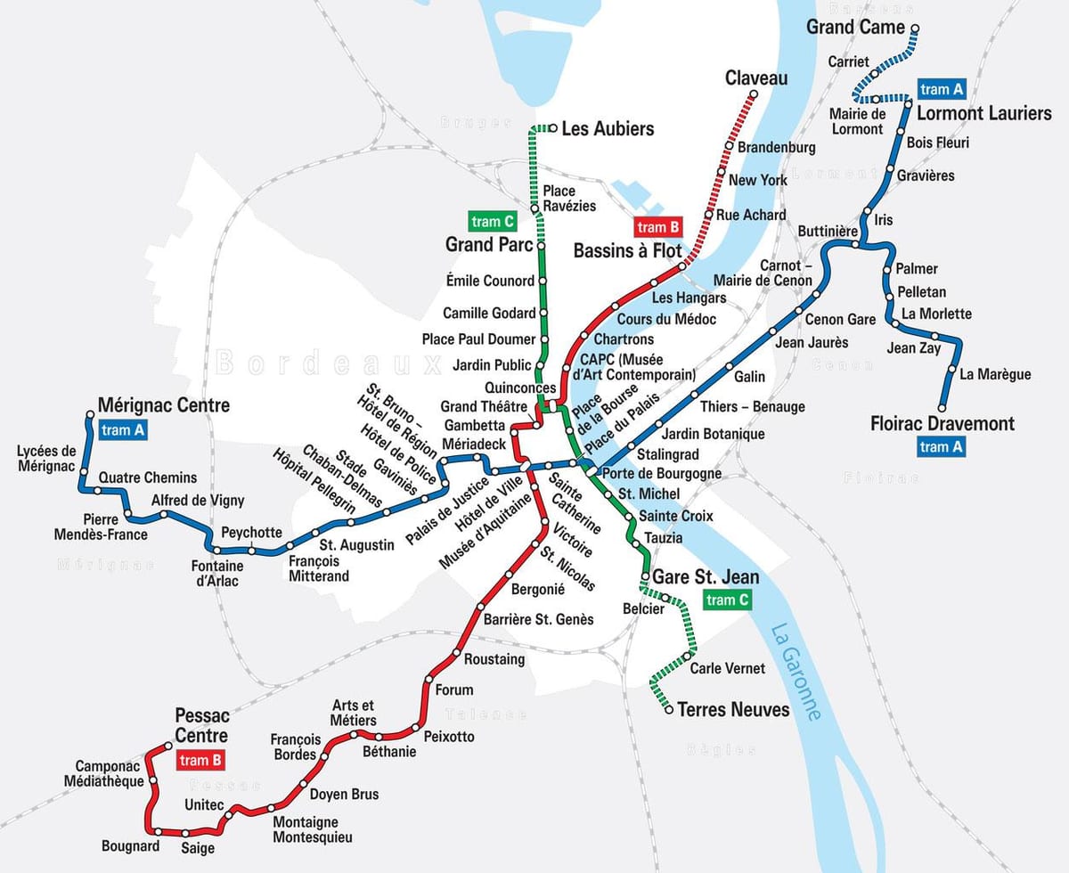 ボルドー路面電車システムの地図